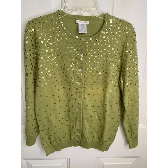 Vintage Worthington Small Sequins Green Cardigan Sweater - Picture 1 of 5